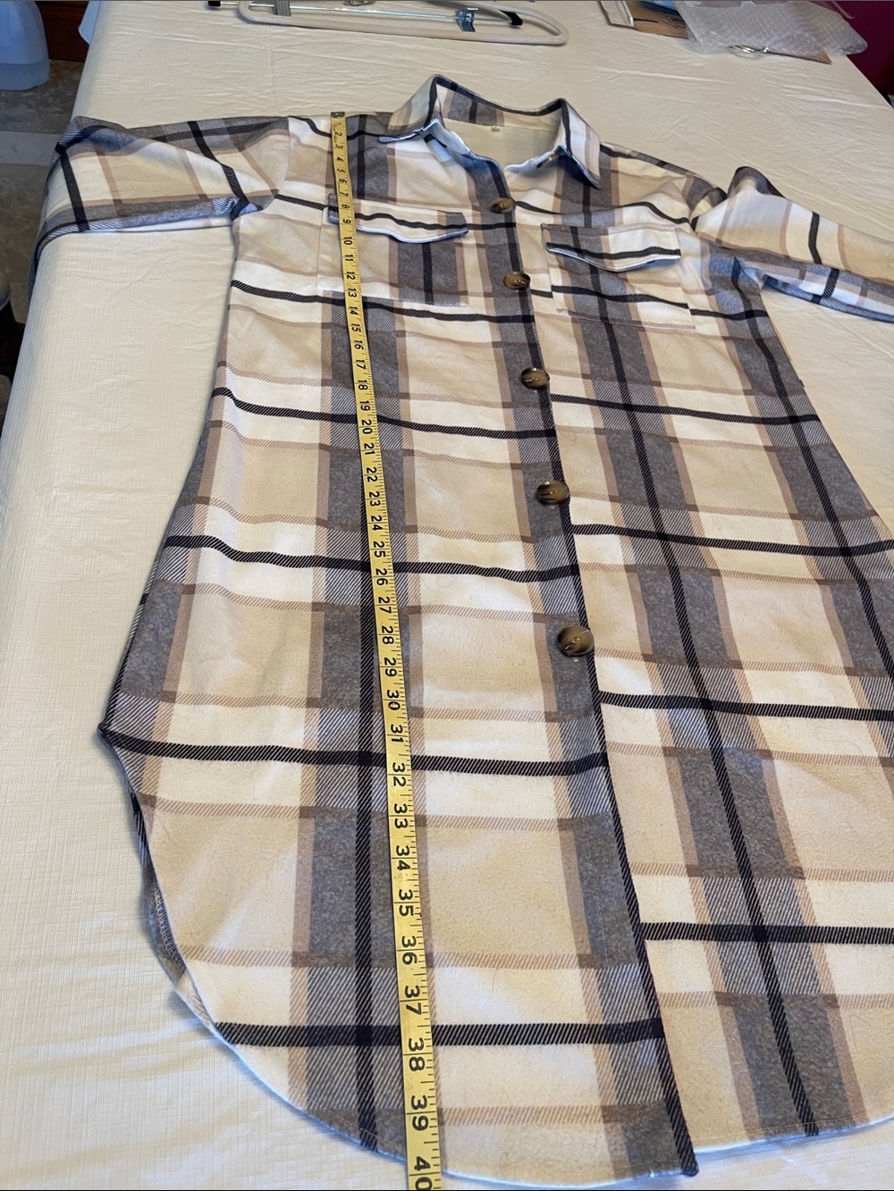 Long Plaid Shacket Coat in Cream & Gray - Picture 6 of 10